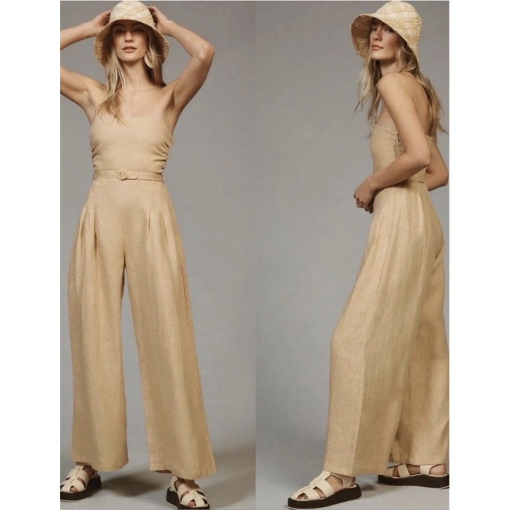 Faithfull The Brand Alegrias Jumpsuit XS Wheat Linen Smocked Wide Leg *NO BELT*